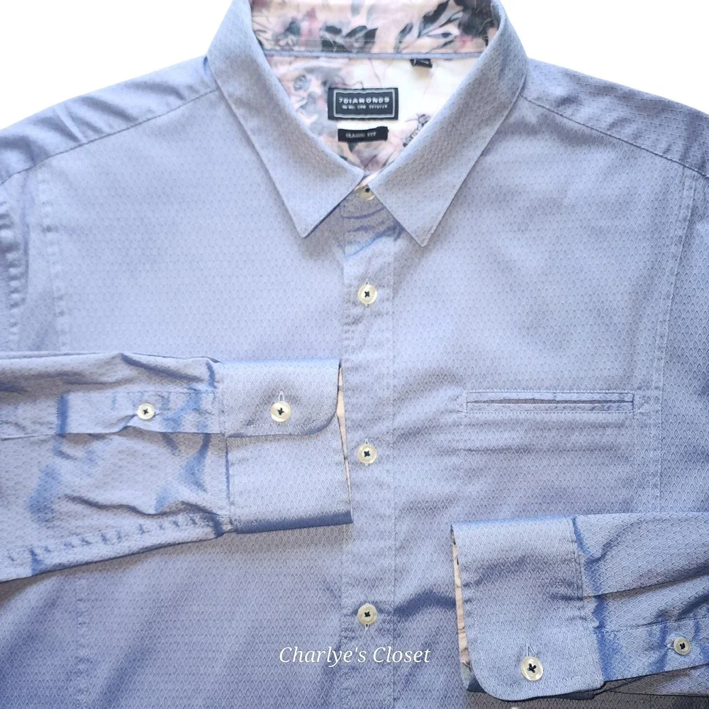 7 Diamonds‎ Button Down Dress Shirt L Caribbean Skies Classic Fit Euro Chic